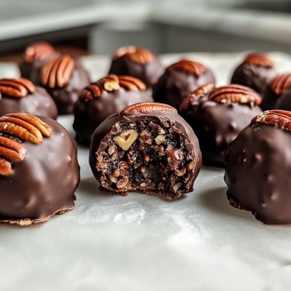 An overhead view of Chocolate-Dipped Pecan Pie Balls on parchment paper, surrounded by scattered pecans and a small bowl of melted chocolate, creating a cozy and festive vibe